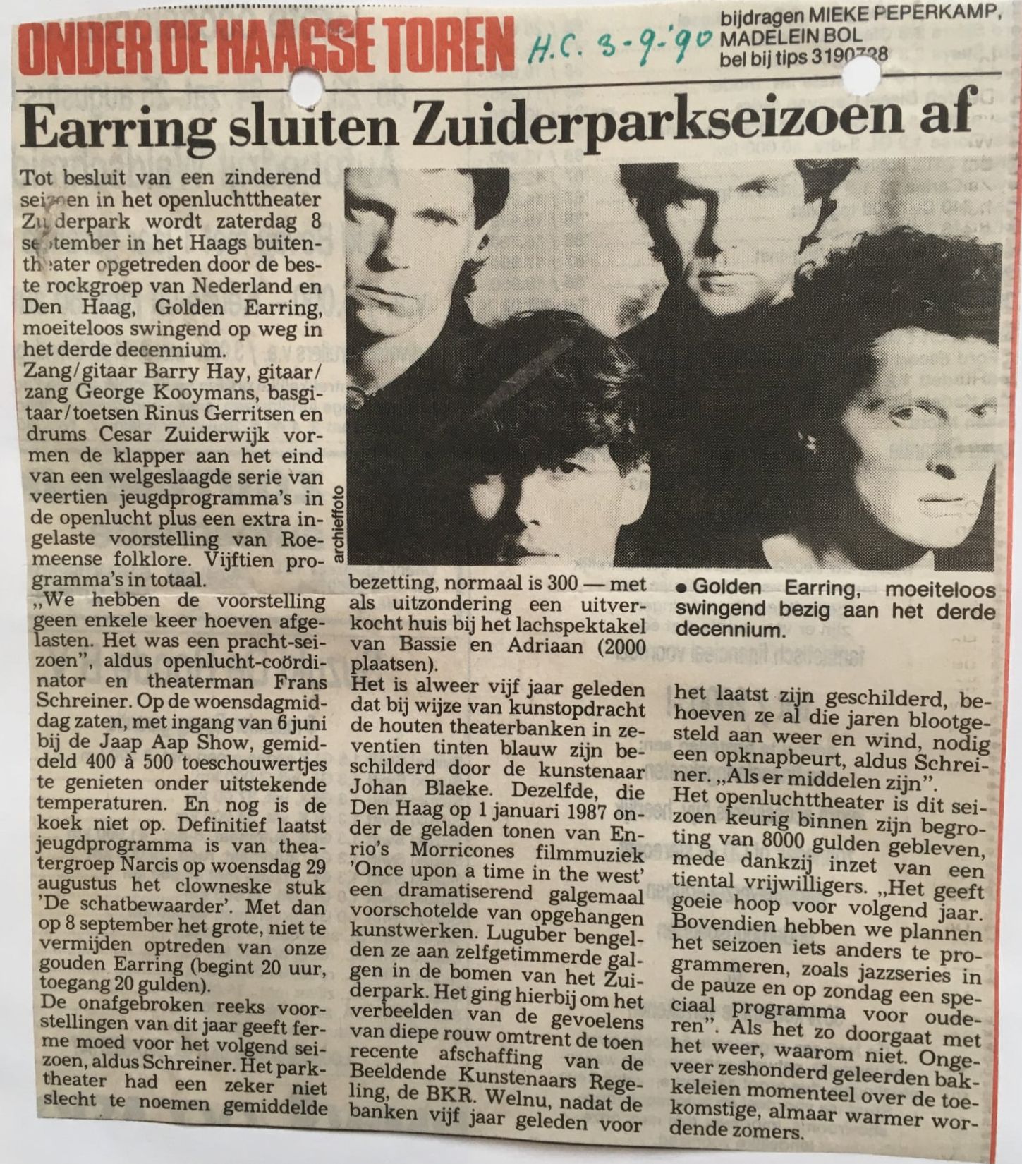 Haagsche Courant Newspaper article about Golden Earring show announcement September 08 1990 Den Haag - Openluchtheater Zuiderpark (Collection Ria Brekelmans)